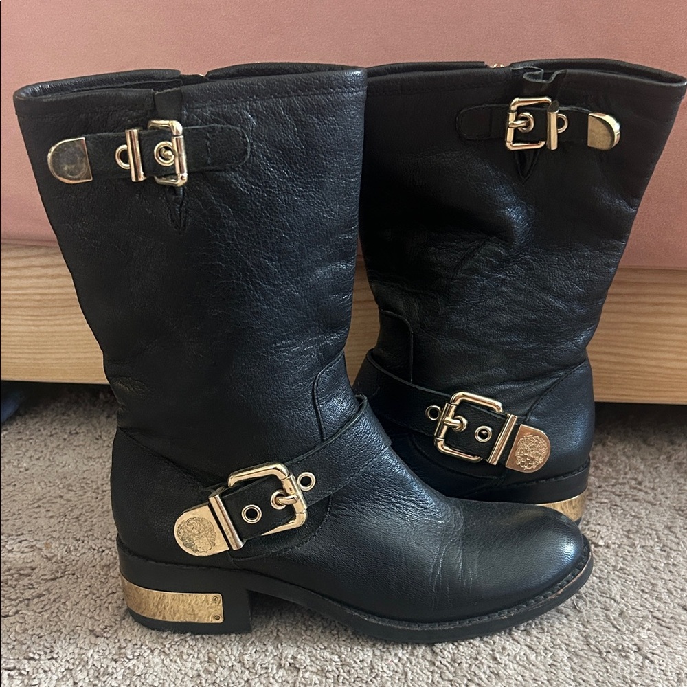 Vince Camuto Black Moto Boots with Gold Accents